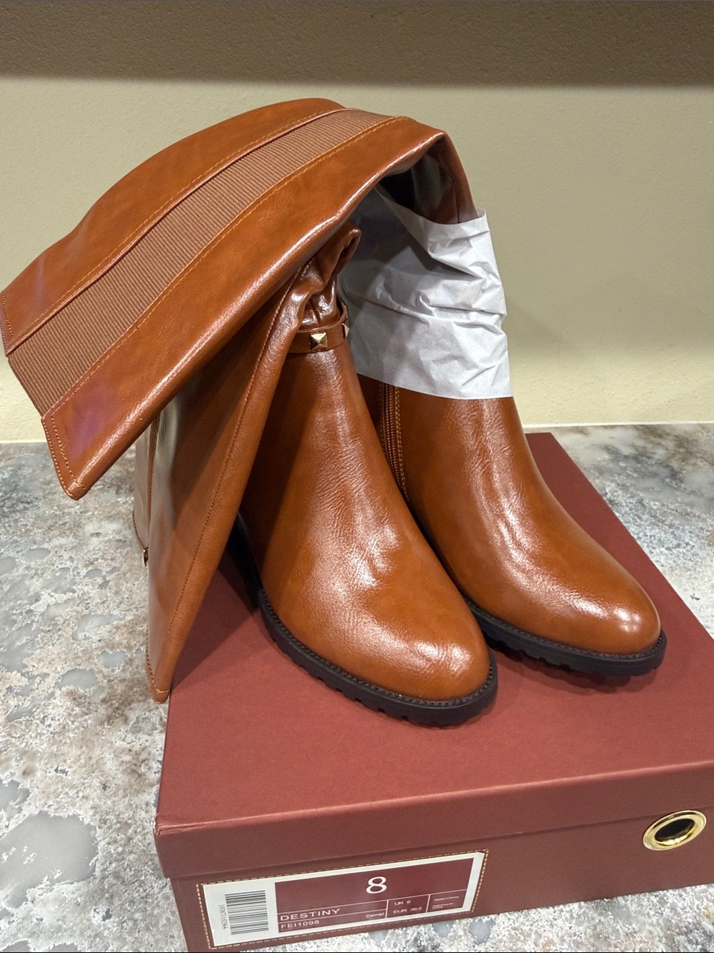 Women's Cognac Leather Mid-Heel Pull-On Boots